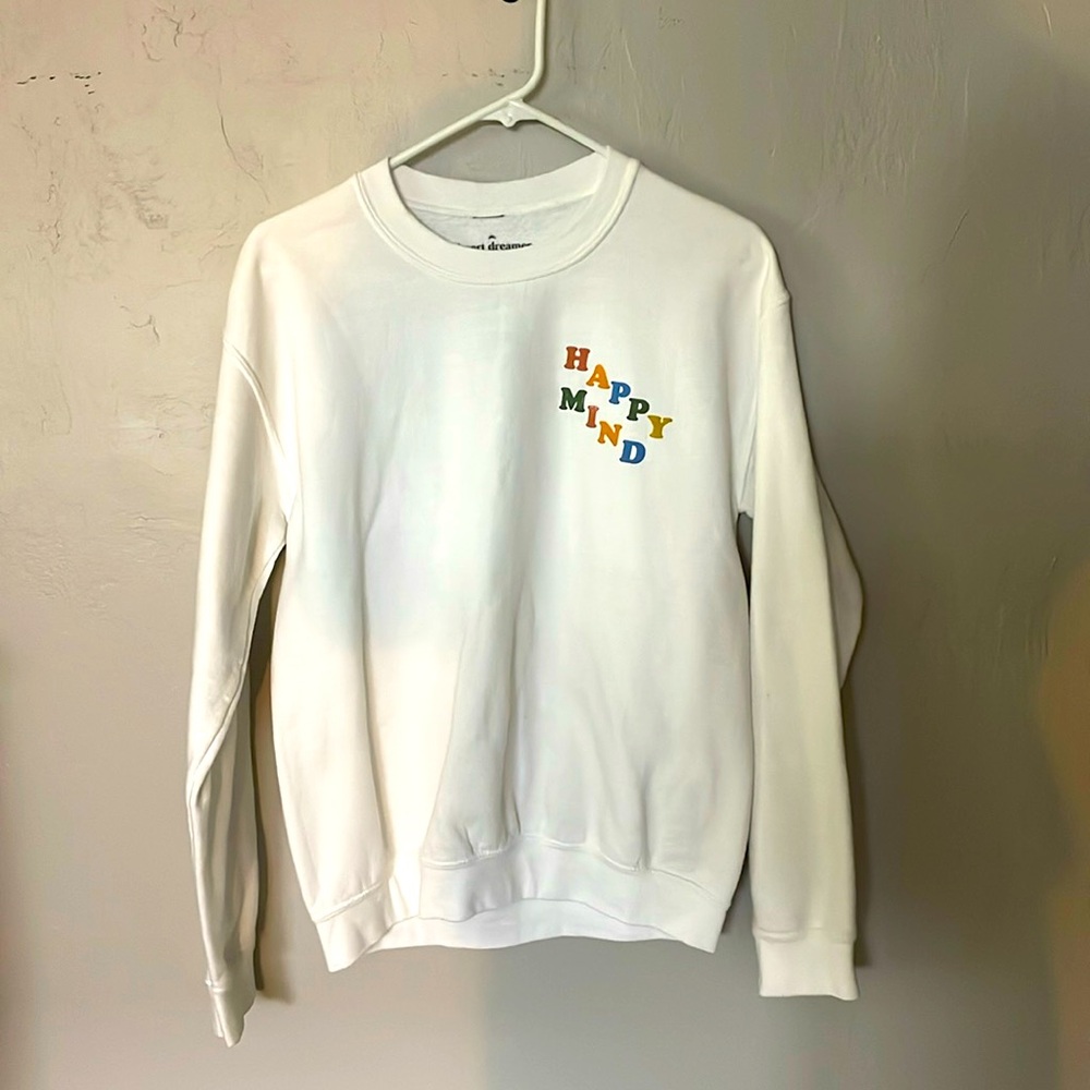 Women’s Crewneck “Happy Mind” sweatshirt. Size Small. White with graphic.